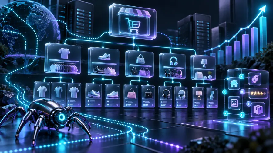 Category shelves product cards crawl paths and structured data nodes representing ecommerce SEO