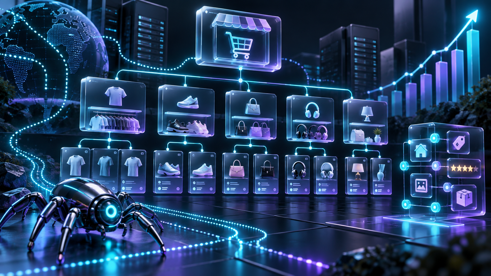 Category shelves product cards crawl paths and structured data nodes representing ecommerce SEO