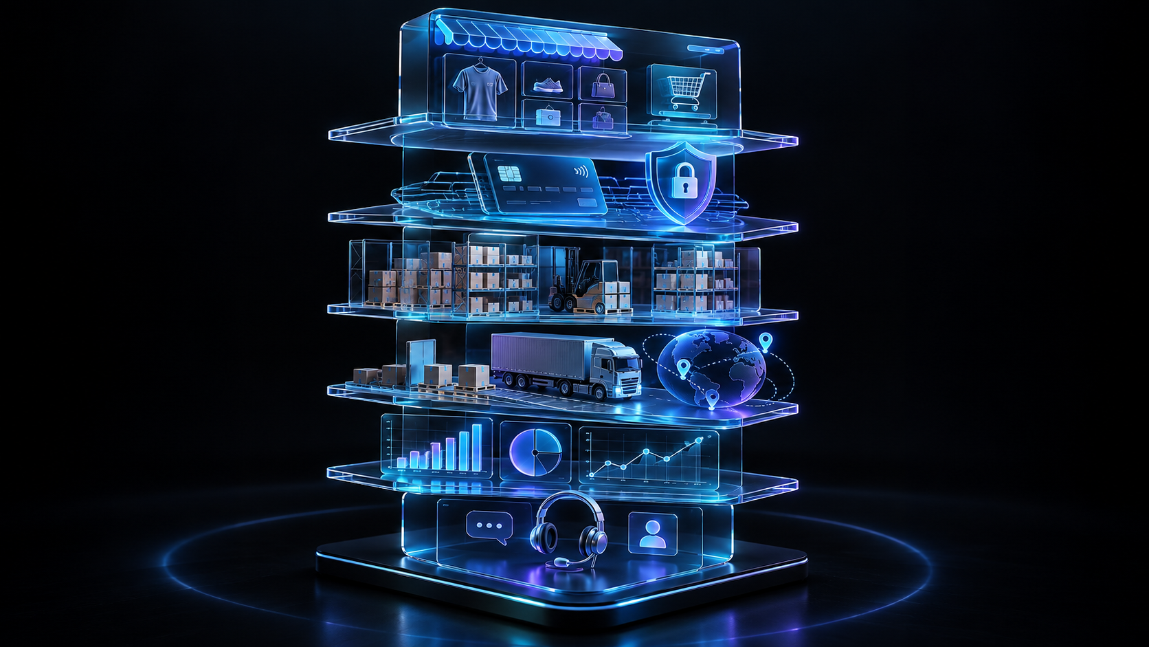 Storefront payment warehouse shipping analytics and support layers representing ecommerce cost