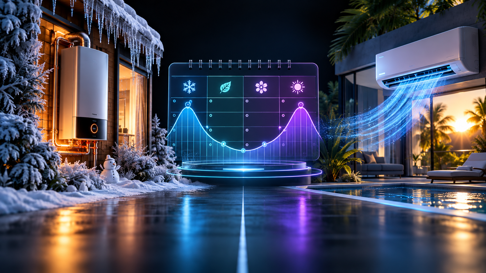 Winter boiler warmth and summer AC cooling connected by campaign calendar and demand curve