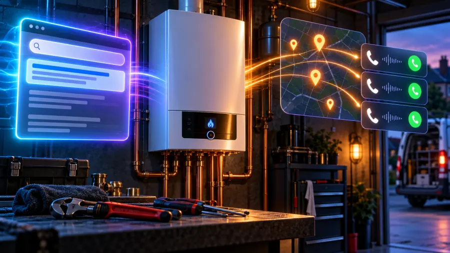 Wall boiler professional tools local map and search campaign representing boiler service advertising