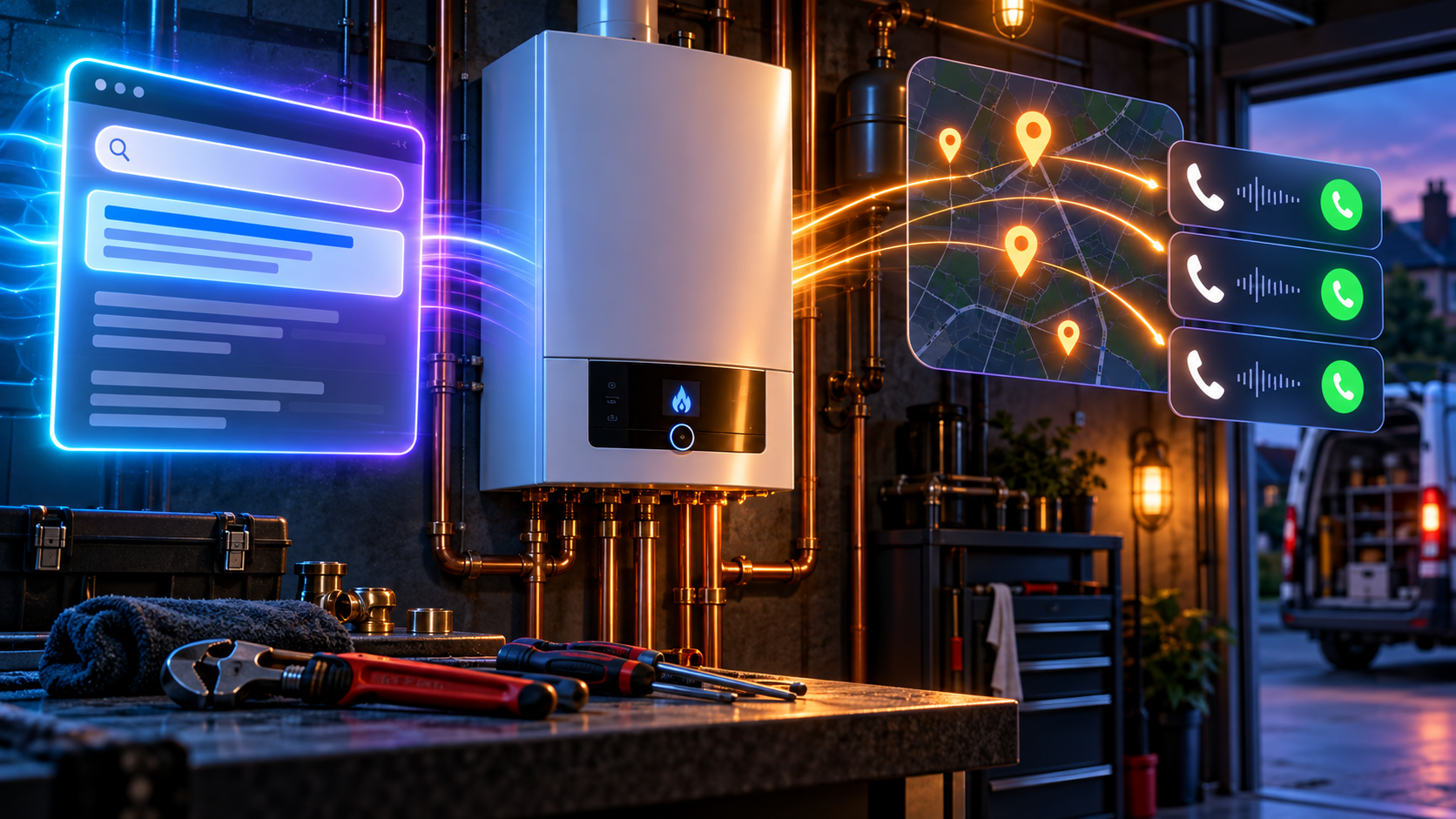 Wall boiler professional tools local map and search campaign representing boiler service advertising