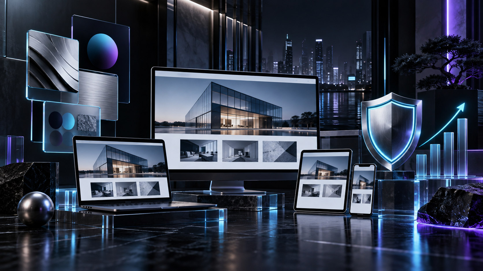 Corporate website screens with brand cards security symbol and growth interface
