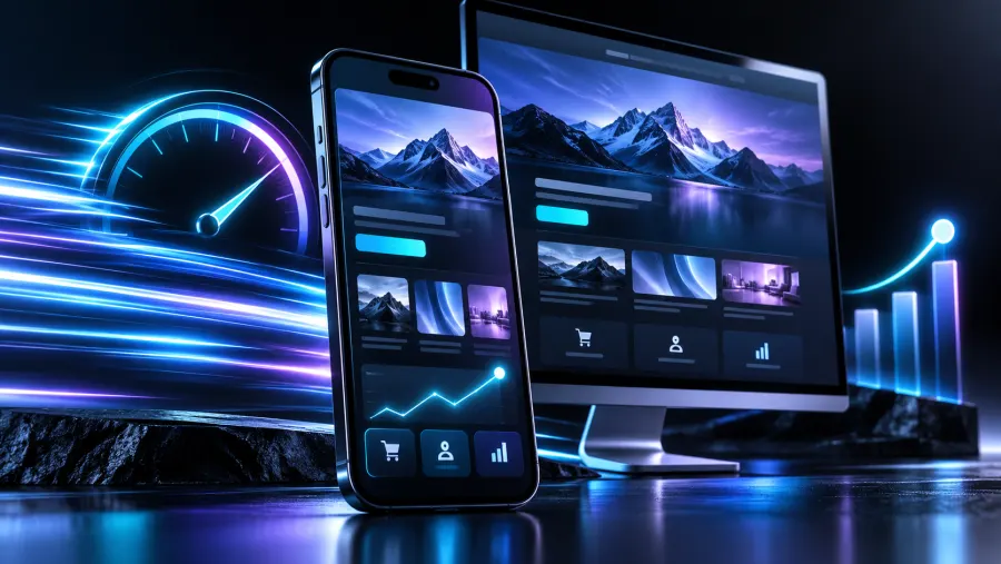 Fast mobile website interface with responsive desktop screen and performance light trails