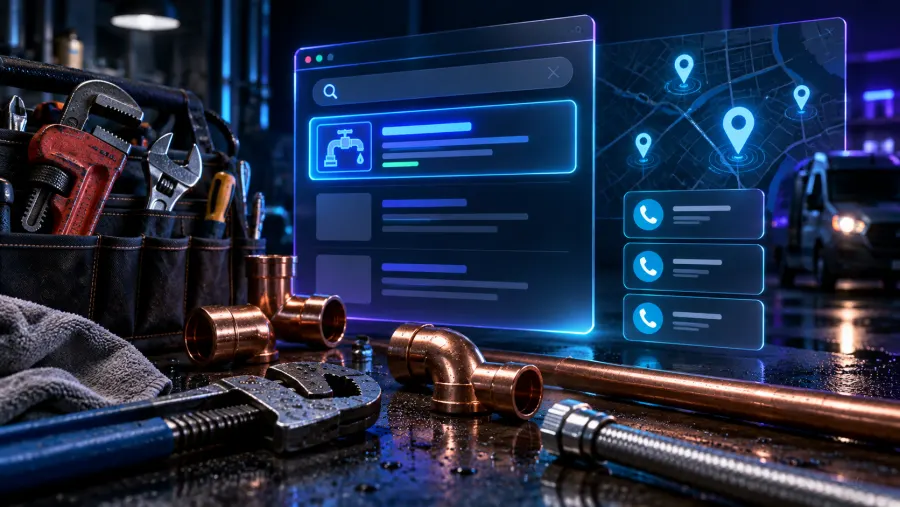 Plumber advertising scene with Google Ads interface, professional tools and a local search map