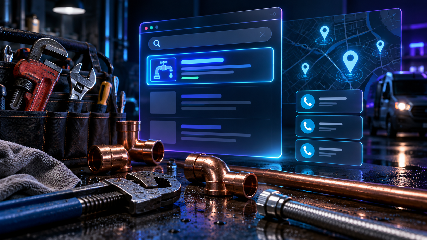 Plumber advertising scene with Google Ads interface, professional tools and a local search map