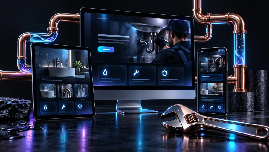 Responsive plumbing website shown on desktop tablet and mobile with copper pipes and professional tools