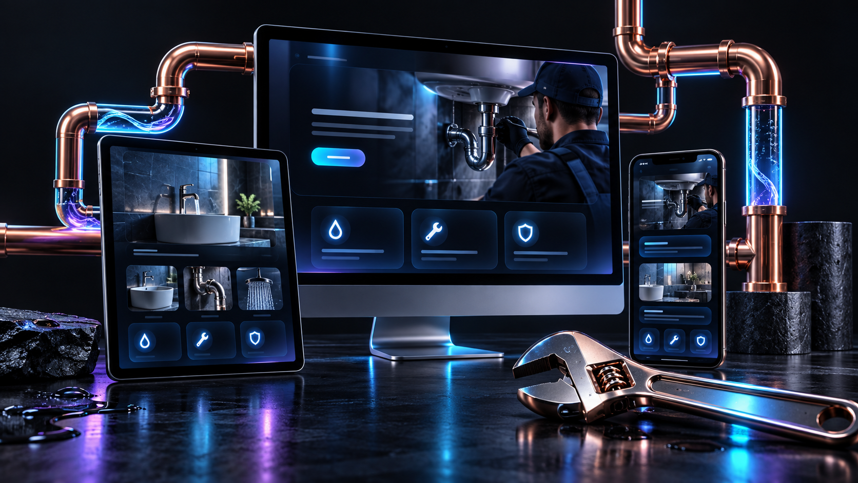 Responsive plumbing website shown on desktop tablet and mobile with copper pipes and professional tools