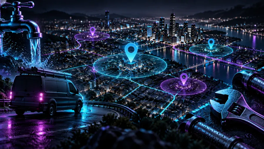 Night city map with plumbing service vehicle and location pins representing local SEO