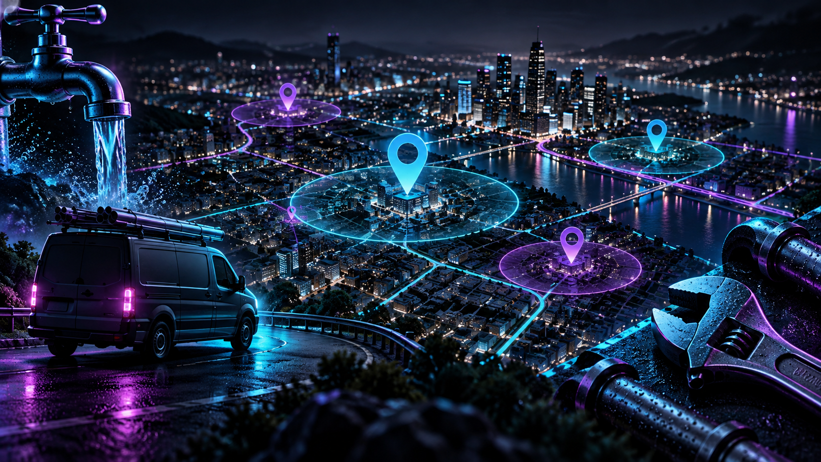 Night city map with plumbing service vehicle and location pins representing local SEO