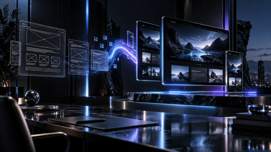 Digital design studio showing wireframes becoming polished responsive website interfaces