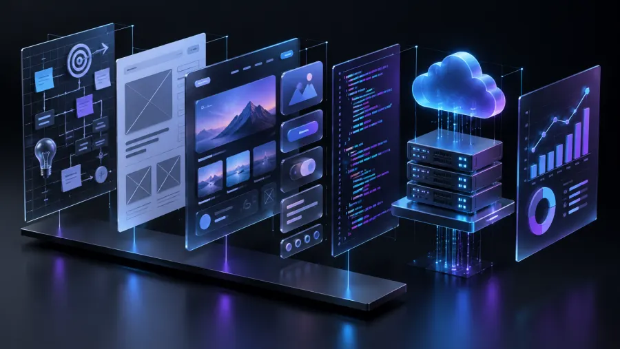 Exploded 3D layers of strategy interface code hosting and analytics representing website design cost