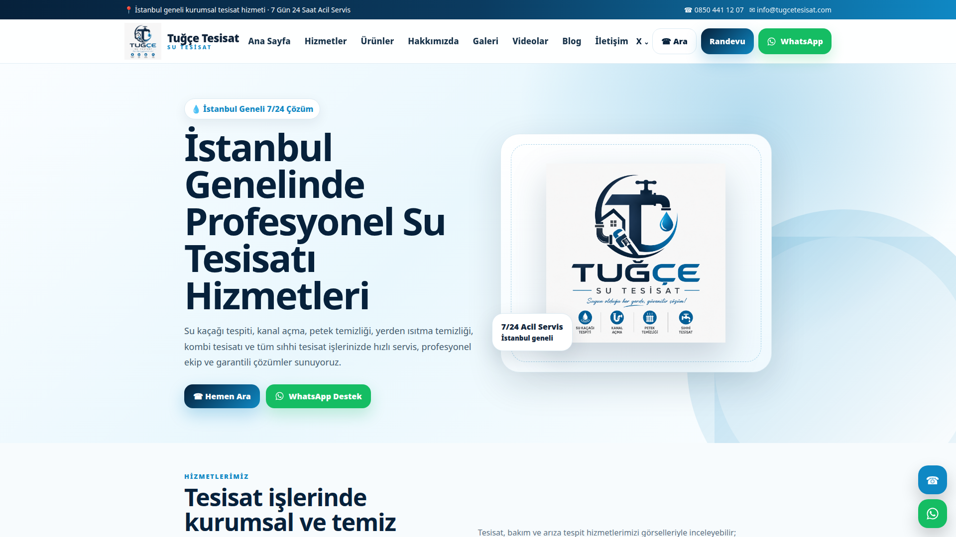 Tugce Tesisat desktop website view